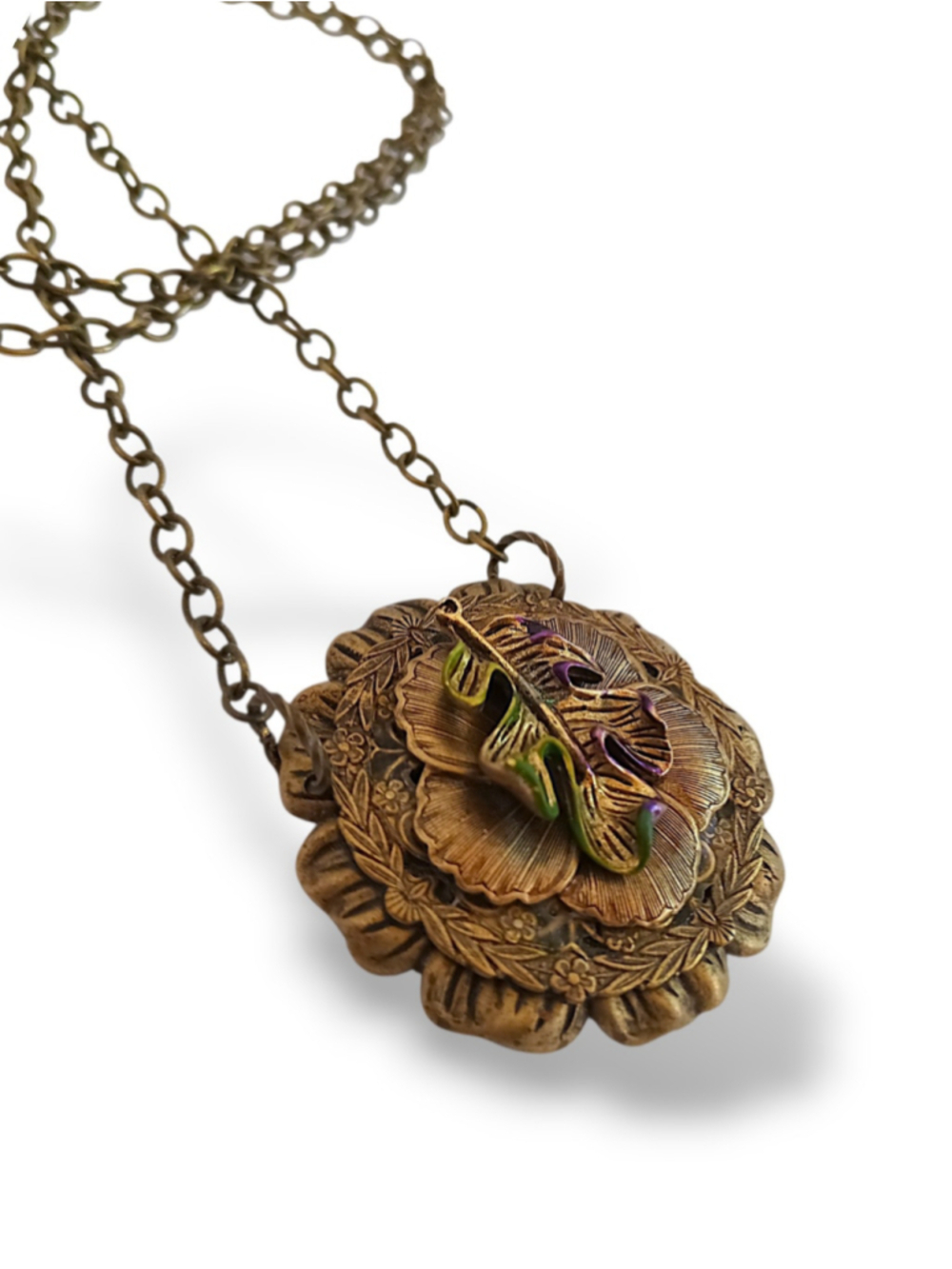 Bronze Fall Leaf Floral Pendant Necklace hand crafted art nouveau vintage look